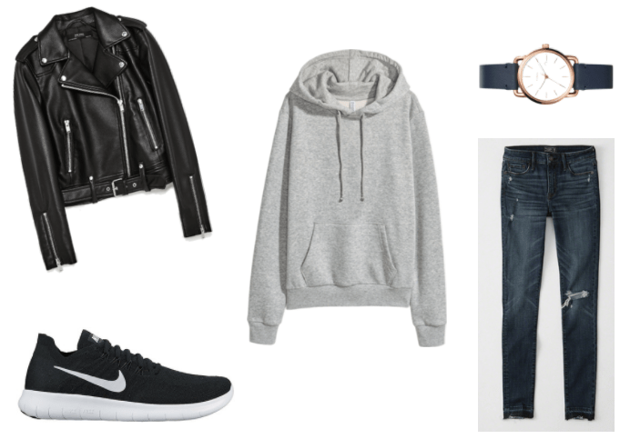 Outfit inspired by Ed Sheeran's Shape of You with dark wash ripped skinny jeans, black Nike sneakers, gray hoodie, black moto jacket, simple gold and black watch