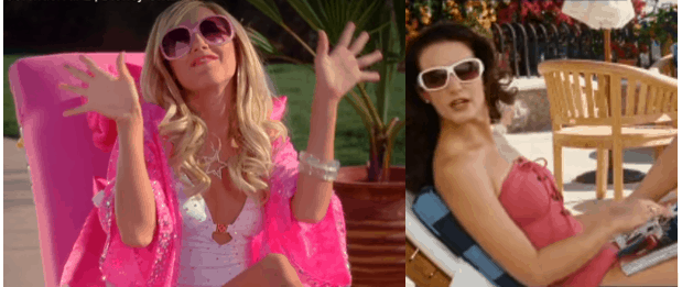 Sharpay Evans in a blingy white swimsuit and pink cover up and Charlotte York in a lace up swimsuit.