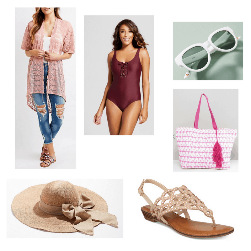 Sharpay and Charlotte Inspired Look with pink kimono, lace-up swimsuit, white sunglasses, embellished sandals, sunhat, and flamingo tote bag