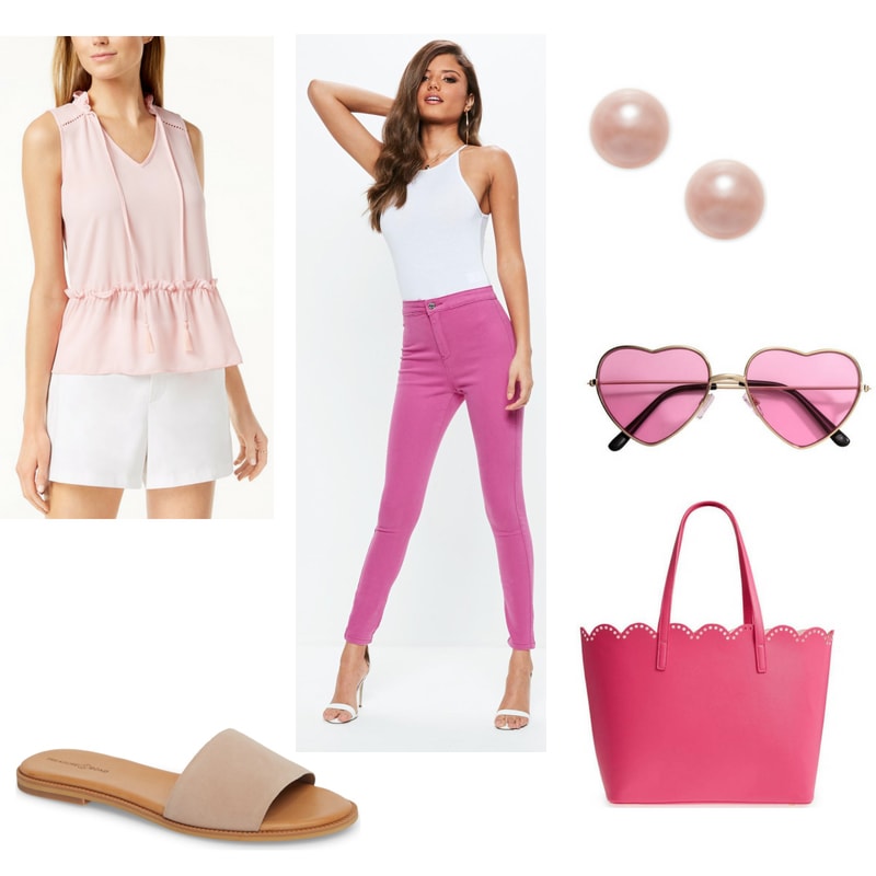 Outfit inspired by Sharpay Evans x Charlotte York from Sex and the City: Ruffle top, pink jeans, heart sunglasses, pink pearl earrings, hot pink scalloped tote bag, simple pink slides