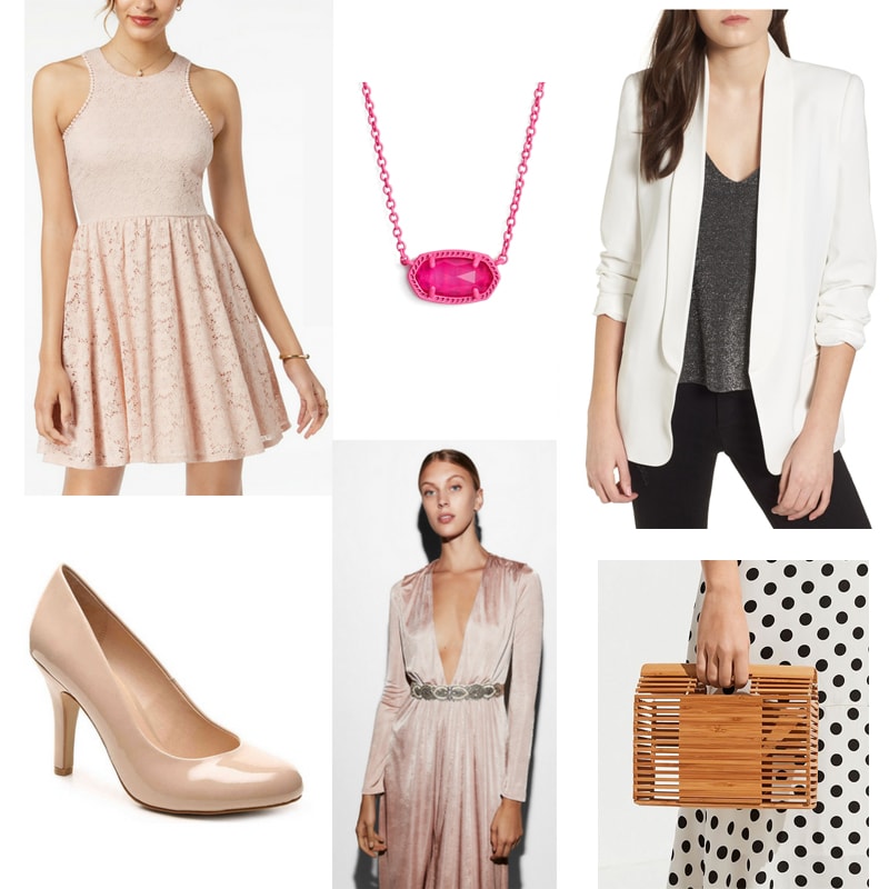 Sharpay Evans x Charlotte York outfit with lace mini dress, cream colored boyfriend blazer, hot pink necklace, sparkle belt, neutral heels