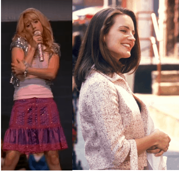 Sharpay Evans wearing a sparkly shrug and skirt and Charlotte York in a pink tweed jacket