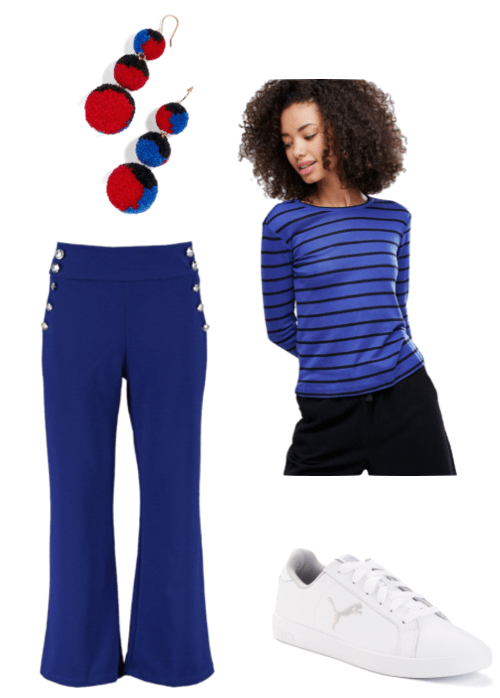 Outfit inspired by Shay from Broken Age video game: red, blue and black pom pom earrings, blue military button trousers, blue and black striped top and white sneakers