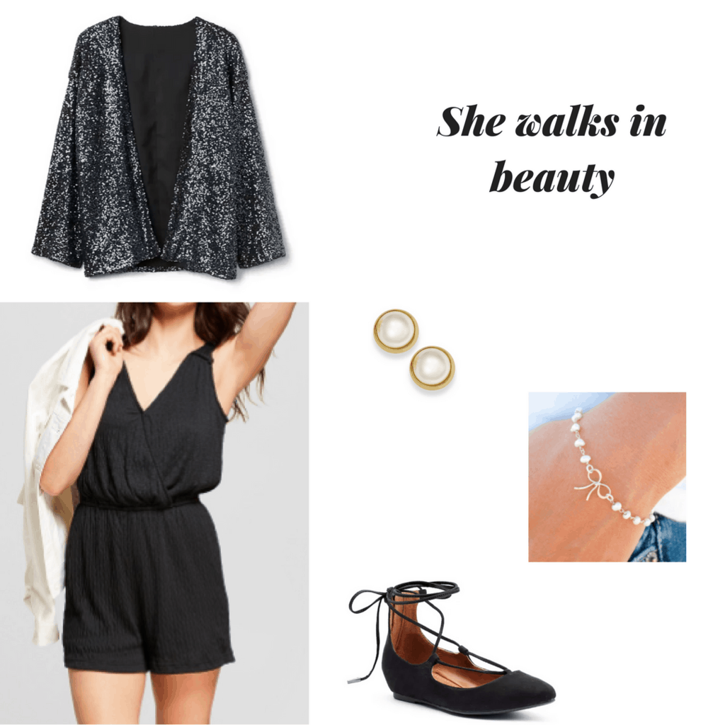 lord byron inspired outfit poetry inspired outfit she walks in beauty outfit sequin jacket black romper gold pearl earrings gold pearl bracelet black strappy flats