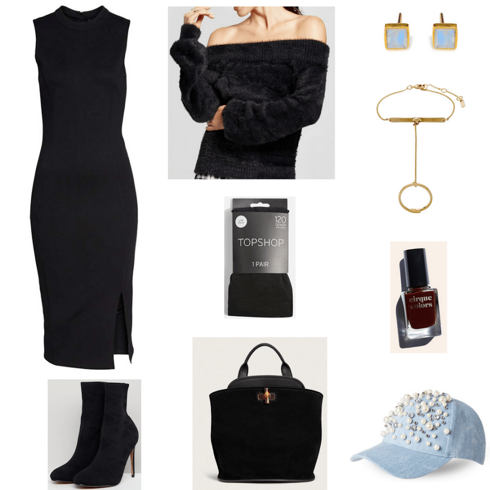 Black sleeveless mock-neck sheath dress with side slit, black leather and suede backpack with bamboo button closure, black off-the-shoulder zip-front sweatshirt, black opaque tights, black knitted sock boots with stiletto heel, gold square stud earrings with faceted pale blue rainbow moonstones, gold hand chain bracelet/adjustable ring with Czech crystal, Cirque Colors nail polish in "Empire State of Mind," an oxblood red shade; light-wash denim baseball cap with faux-pearl, clear stone, and silver ball embellishments