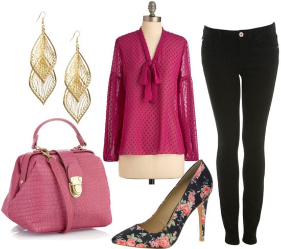 How to wear a magenta sheer blouse at night with skinny jeans, floral heels, earrings, and a statement bag