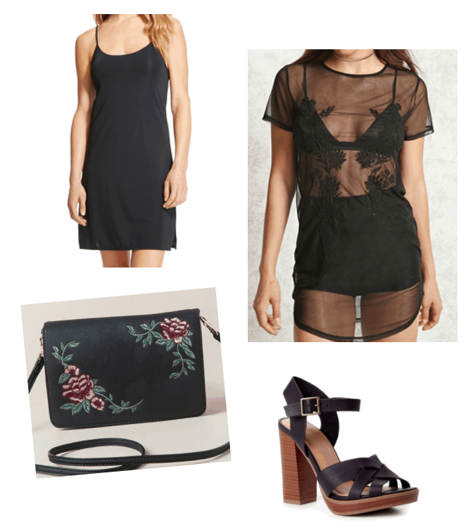 How to wear spring 2018 trends now: Sheer dress outfit with black slip dress, sheer overlay, rose embellished purse, chunky heeled platform sandals