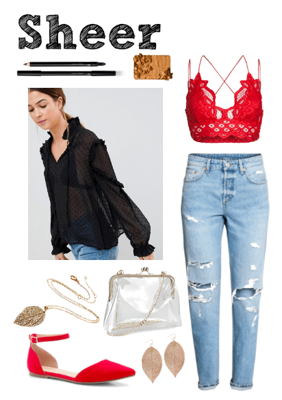 black eyeliner, gold eyeshadow, red bralette, sheer top, distressed boyfriend jeans, clear clutch, choker, red flats, gold earrings