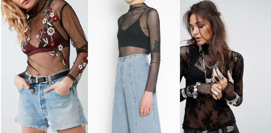 An embroidered sheer bodysuit layered over a burgundy bralette from Urban Outfitters on the left, a high-fashion mesh blouse from Oak & Fort in the center, and a lace Free People sheer bodysuit from ASOS on the right.