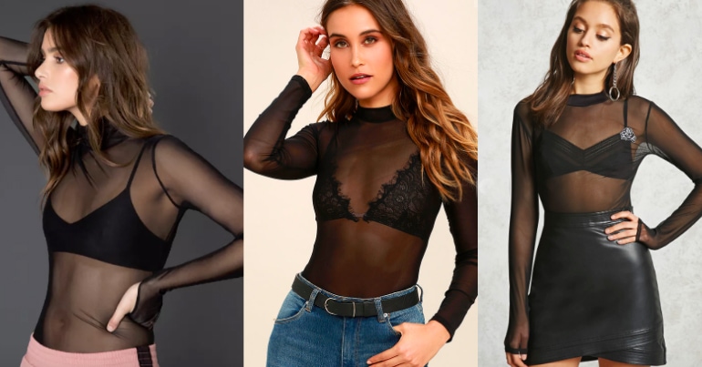 Sheer turtleneck trend: see-through black bodysuit from Spring on the left, a black mesh bodysuit from Lulu's in the center, and a rose embroidered black mesh mock neck top from Forever 21 on the right.