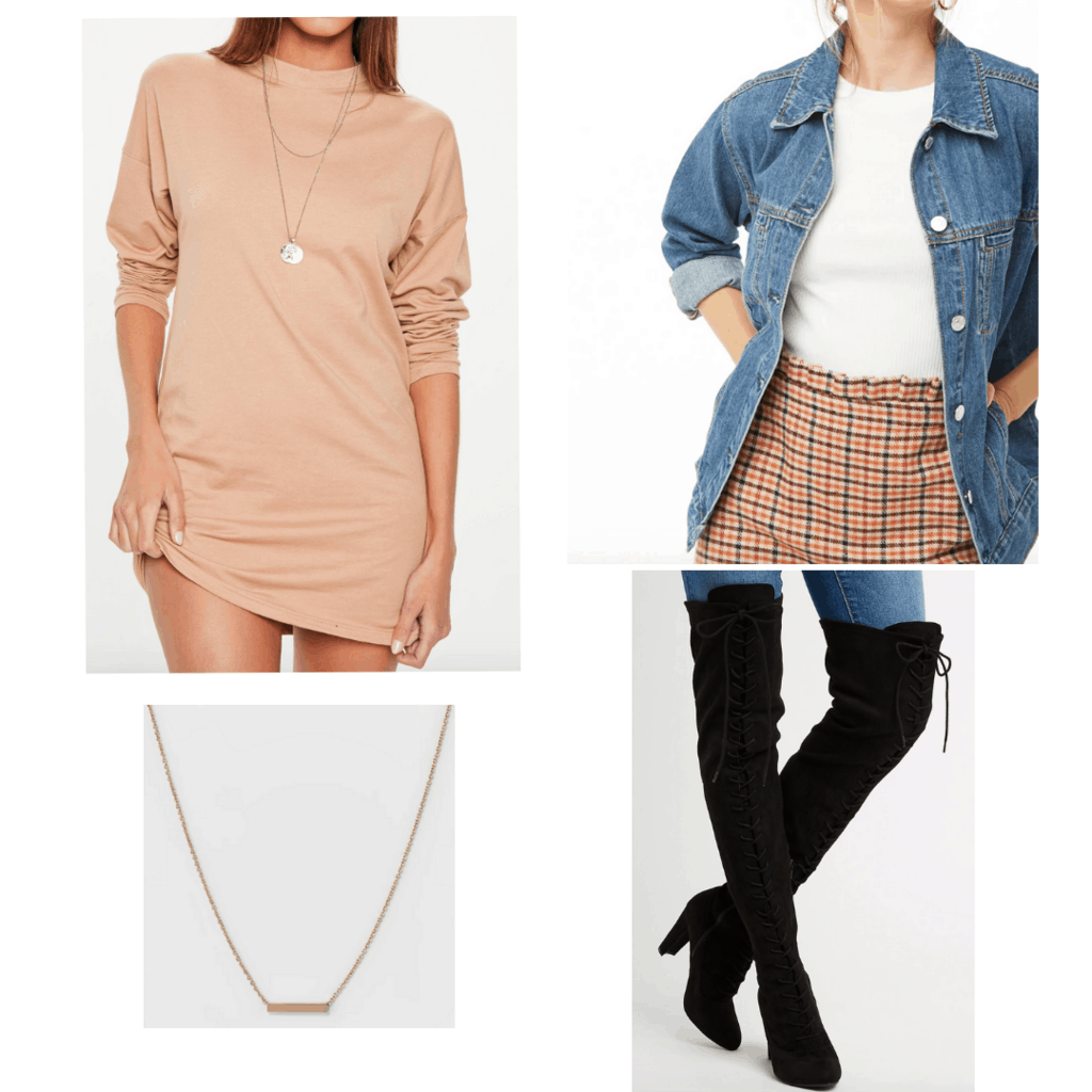 Peach t-shirt dress with long sleeves, denim jacket, black thigh high boots, and simple gold chain necklace