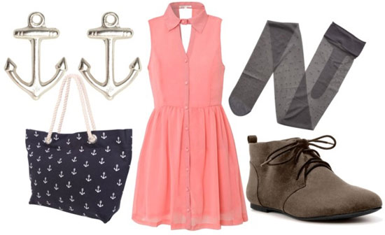 how to wear a pink shirt dress for day with printed gray tights brown flat ankle boots printed nautical tote and silver anchor earrings