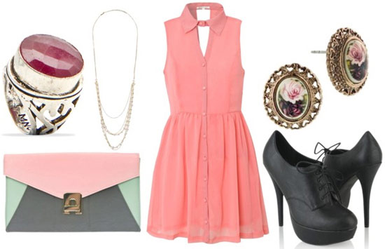 how to wear a pink shirt dress for night with black oxford heels cameo earrings colorblock pastel clutch pearl necklace and oversized cocktail ring