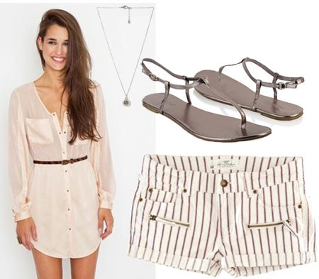 Shirtdress outfit 3 - Button-down shirtdress tunic, striped shorts, metallic sandals, necklace