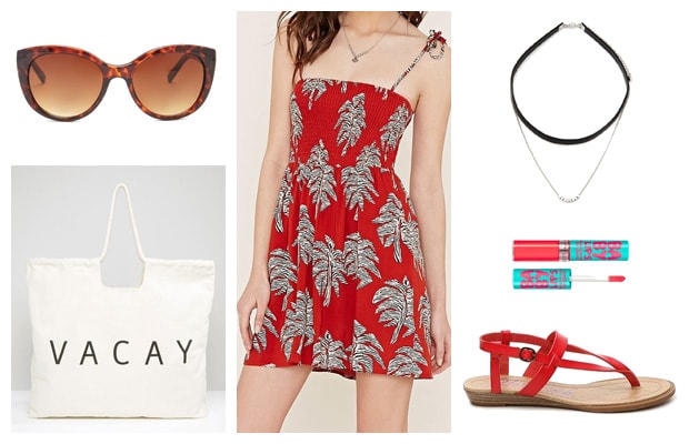 Short red palm print dress summer outfit
