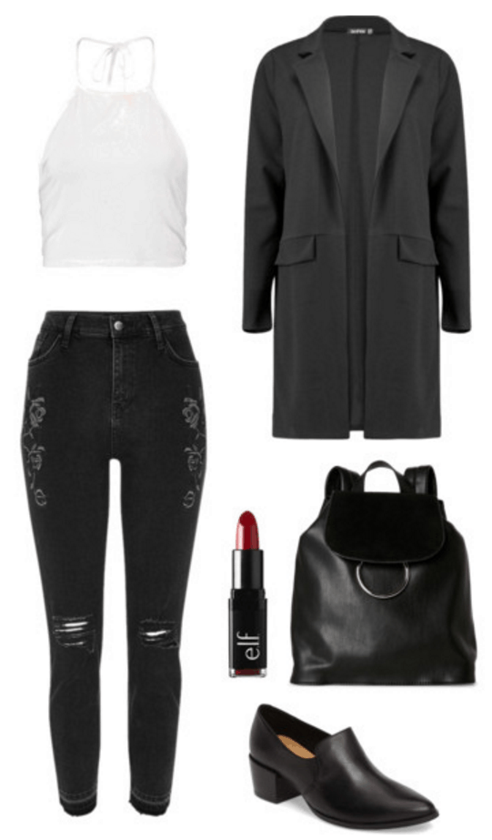 Outfit idea: Black boyfriend blazer, black jeans, crop top.