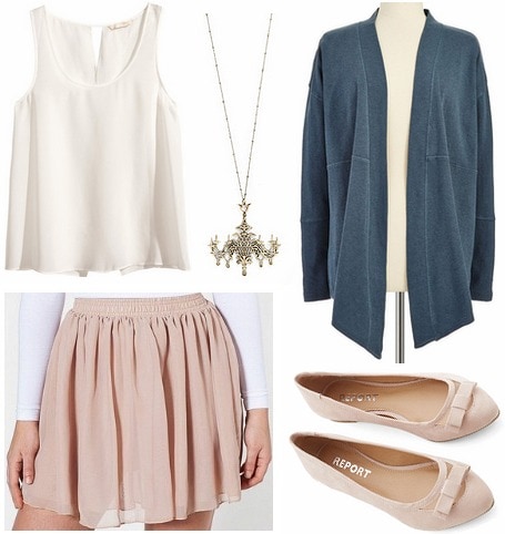 Sia Chandelier outfit with tan skirt, white blouse, cardigan