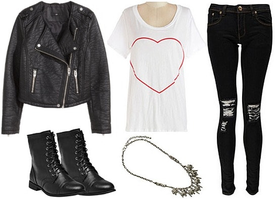 Sia Elastic Heart outfit with moto jacket, heart graphic tee, combat boots