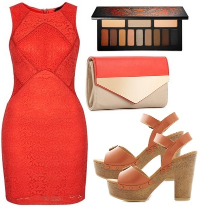 Sia Fire Meet Gasoline outfit with red dress, platform sandals, colorblocked clutch