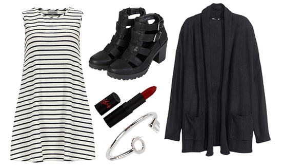 Sia Hostage outfit with striped dress, cardigan, cut-out boots