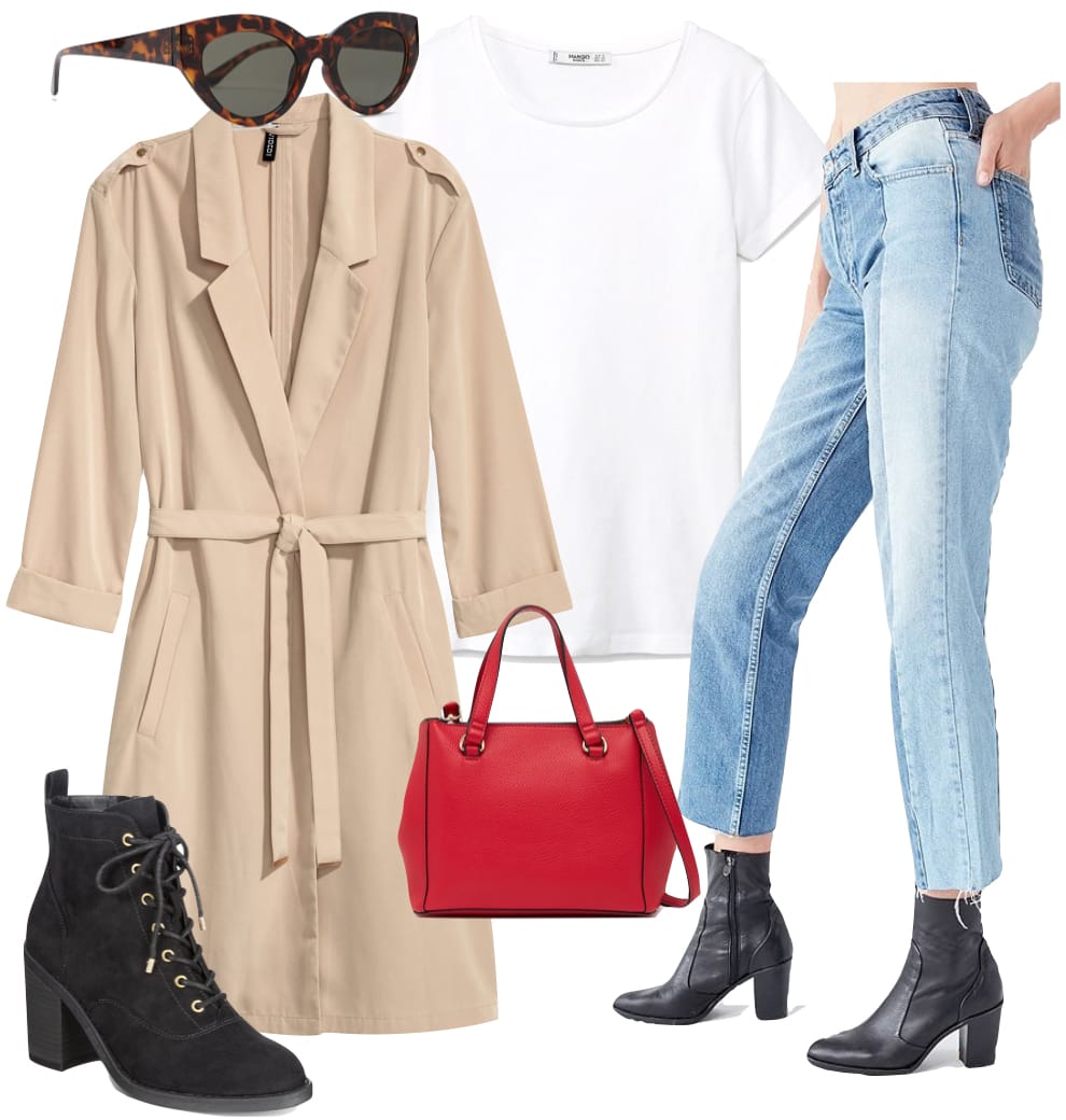 Sienna Miller Outfit: beige long trench coat, white t-shirt, spliced straight leg blue jeans, black lace-up ankle booties, red top-handle satchel bag, and thick oval tortoise sunglasses