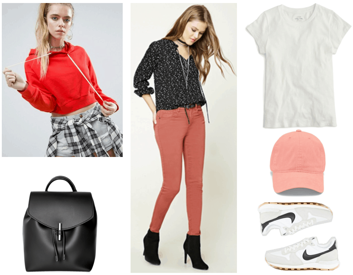 Fashion Inspired by Music Videos: "Don't Kill My Vibe," by Sigrid--Outfit #1 featuring cropped red hoodie with white drawstrings, black mini backpack with silver detail, rust-colored skinny jeans, white crewneck t-shirt, peach baseball cap, white and gray Nike sneakers with black logo