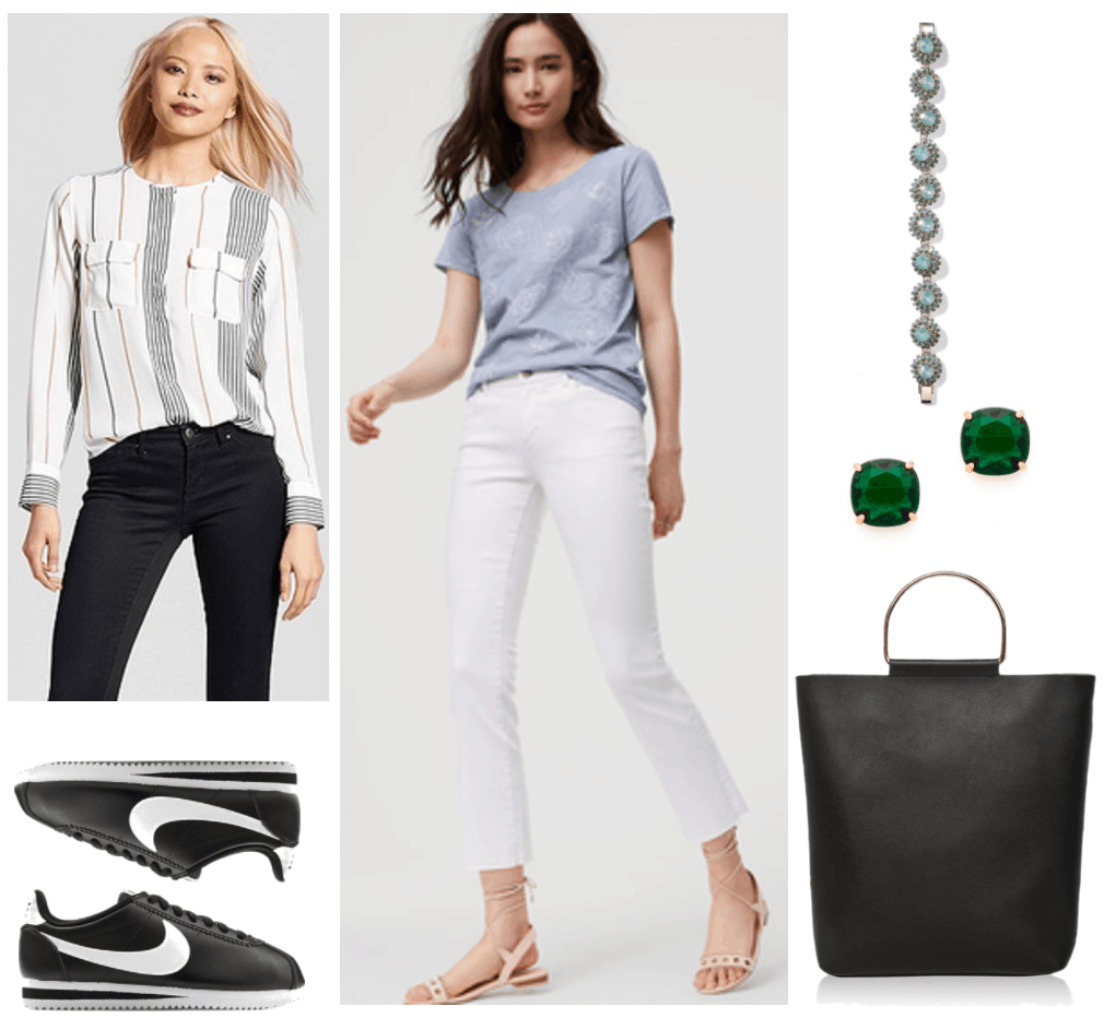 Fashion Inspired by Music Videos: "Don't Kill My Vibe," by Sigrid--Outfit #3 featuring white blouse with skinny black and orange vertical stripes, black Nike sneakers with white logo and sole, white cropped flare jeans, gold bracelet with light and medium green crystal bursts, dark green rounded-square crystal stud earrings with gold hardware, black tote with gold D-ring metal handles
