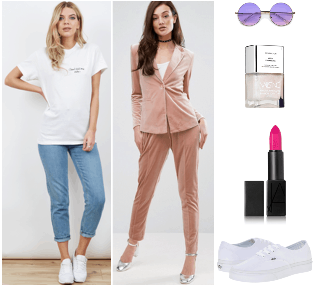 Fashion Inspired by Music Videos: "Don't Kill My Vibe," by Sigrid--Outfit #4 featuring oversized white t-shirt with "Don't kill my vibe" with heart black stitching on upper left side, pale dusty pink velvet peg-leg pants, round purple and pink ombré-lens sunglasses with gold hardware, Nails Inc. rainbow sparkly topcoat, Nars Audacious hot pink lipstick in "Michiyo," Vans white canvas sneakers