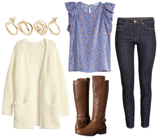 How to wear a silk blouse with riding boots, a cardigan, and skinnies