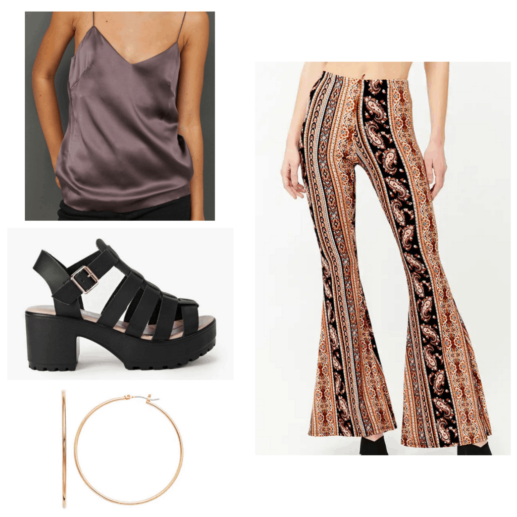 Mauve silk cami with multi-colored paisley pants, black chunky sandals, and gold hoops