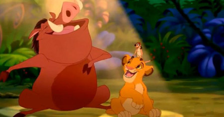 Simba with Timon and Pumba in Disney's The Lion King