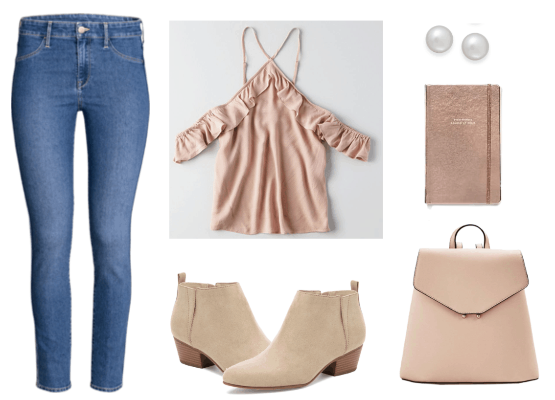 What to wear on the first day back to class outfit 3: simple & sweet outfit for college with medium wash skinny jeans, blush pink ruffle top, blush pink backpack, tan suede ankle boots, metallic notebook, pearl earrings