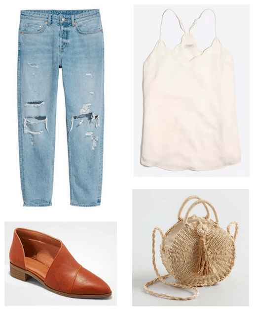 Photo set including a pair of ripped boyfriend jeans, a white scalloped tank, cognac colored shoes, and a woven crossbody bag.