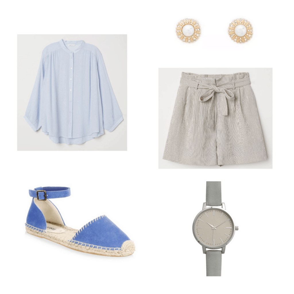 blue blouse, earrings, blue shoes, striped shorts, grey watches