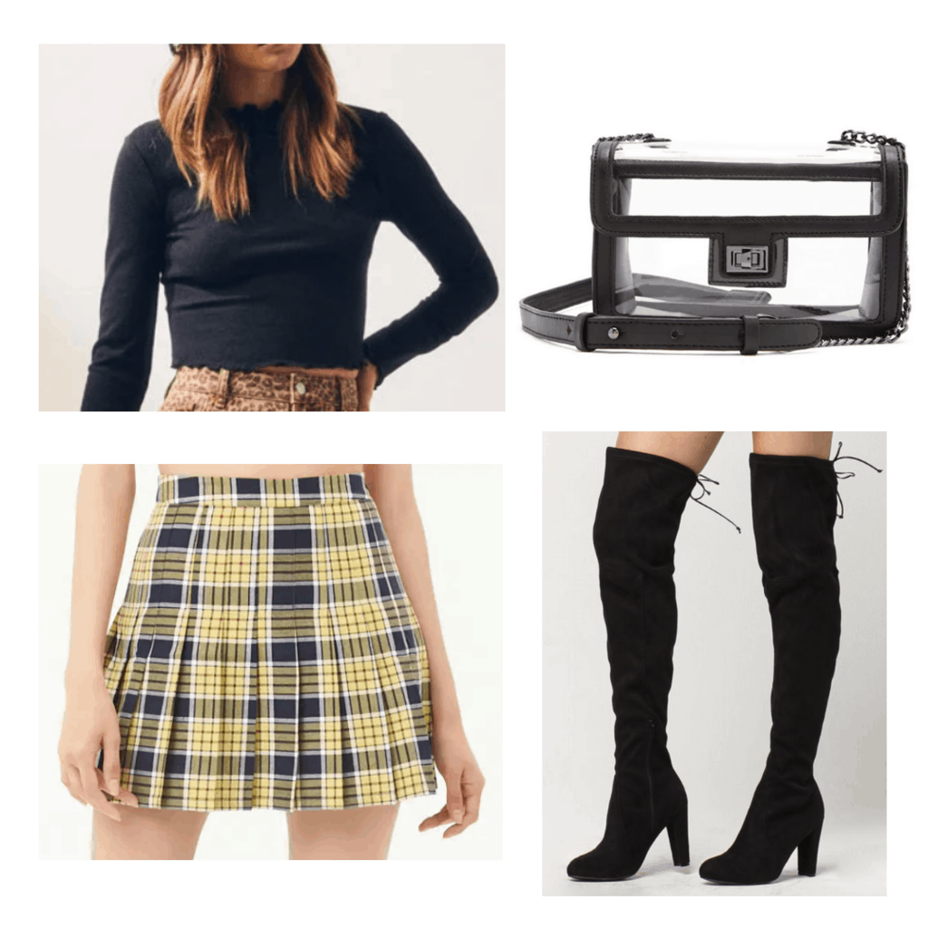 Black crop long sleeved top with yellow and black skirt, black knee high boots, and clear box bag