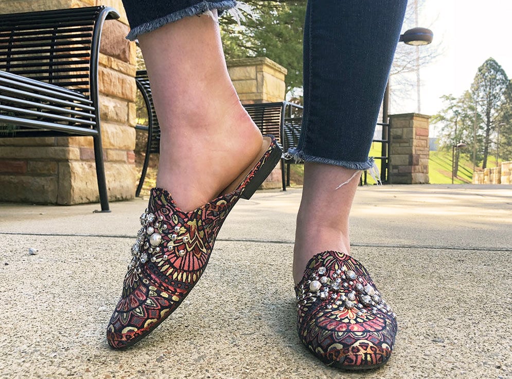 These gold and pink patterned flat mules from Target are adorned with pearls.