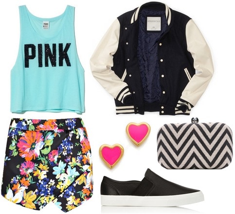 Slip on sneakers, floral skort, cropped tank, varsity jacket