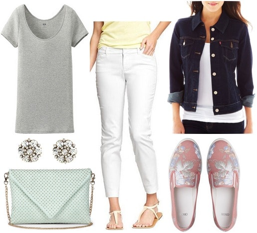 Slip on sneakers, gray tee, white trousers, denim jacket