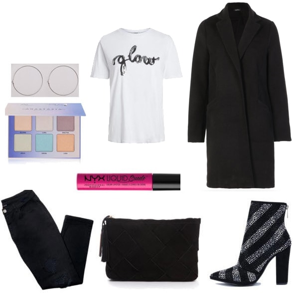 Slogan tee outfit: How to wear a graphic tee shirt with an oversized black coat, black jeans, a clutch bag, sparkly boots, and makeup for a night out