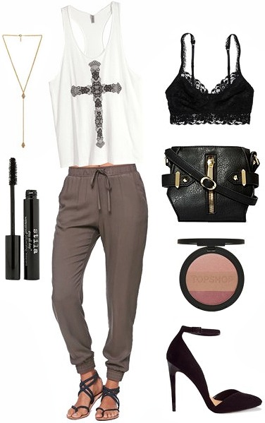 Slouchy pants graphic tank and pumps night out look