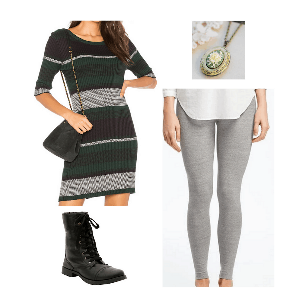 Hogwarts houses outfits from Harry Potter: Slytherin outfit with striped green and silver sweater dress, light gray leggings, locket necklace, and black combat boots