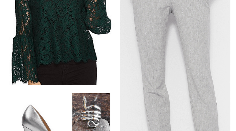 Fashion inspired by the Hogwarts houses from Harry Potter: Slytherin outfit with dark green lace top, gray dress pants, silver heels, and a snake ring