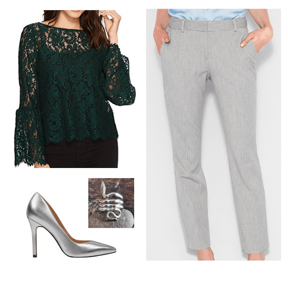 Fashion inspired by the Hogwarts houses from Harry Potter: Slytherin outfit with dark green lace top, gray dress pants, silver heels, and a snake ring