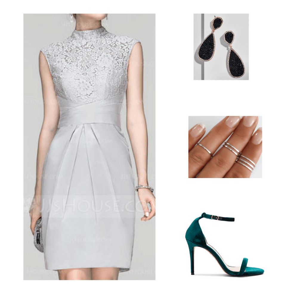 Fashion inspired by the Hogwarts houses from Harry Potter: Slytherin formal outfit with silver lace dress, black drop earrings, silver rings, and teal green heels