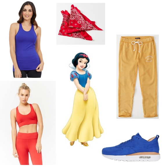 Workout outfit inspired by Snow White - royal blue tank top, red sports bra, red bandana, royal blue shoes, yellow sweat pants