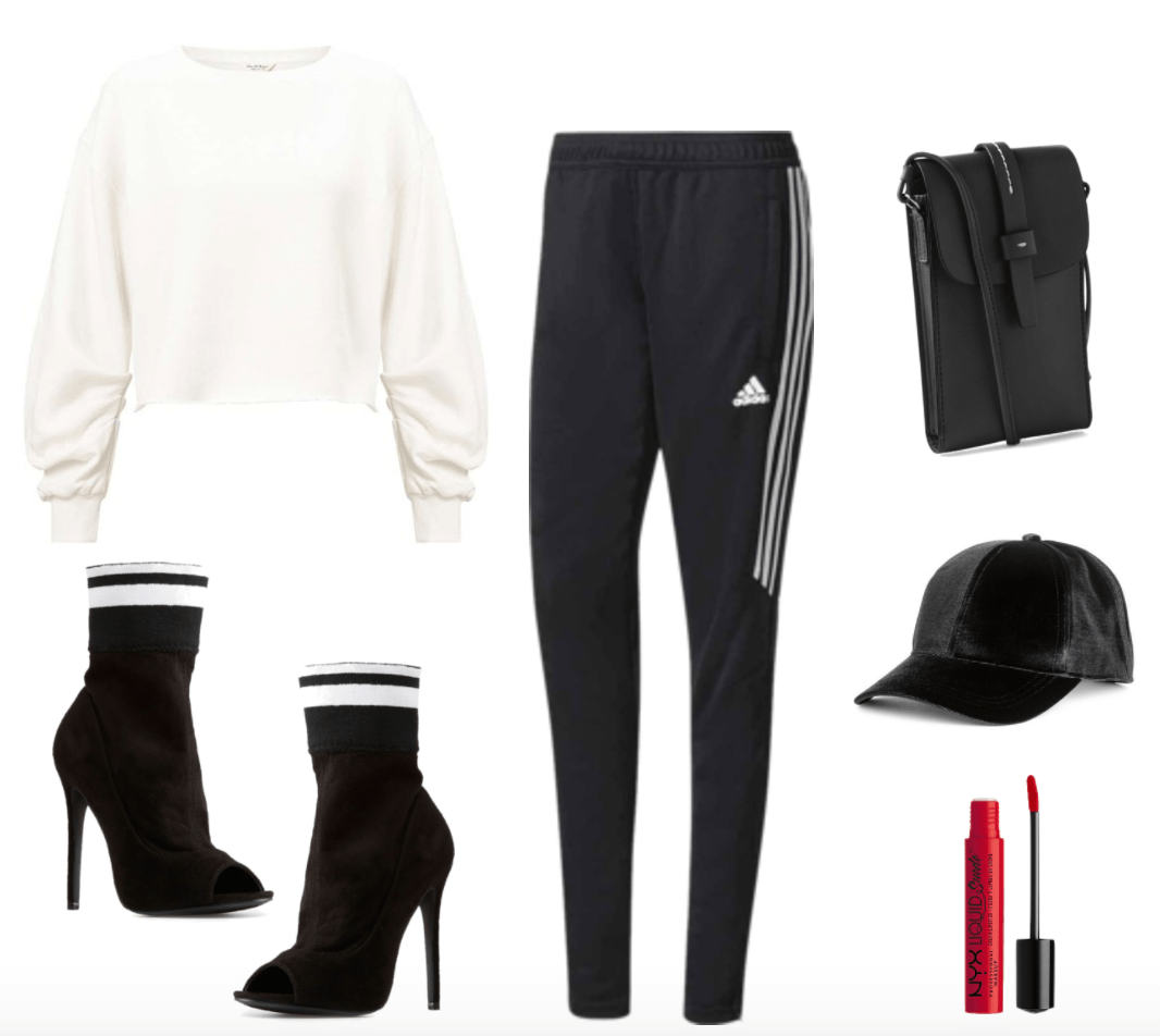 3rd sock boots outfit including black and white striped sock boots. Athleisure feel