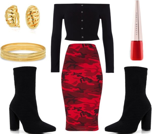 Class to night out set with black sock booties, red camo midi skirt, red lip paint, black off the shoulder buttoned crop top, gold bracelet, and gold studs.