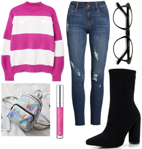 class to night out sock booties with black glasses, denim jeans, pink and white striped sweater, silver holographic backpack, and pink lipgloss.