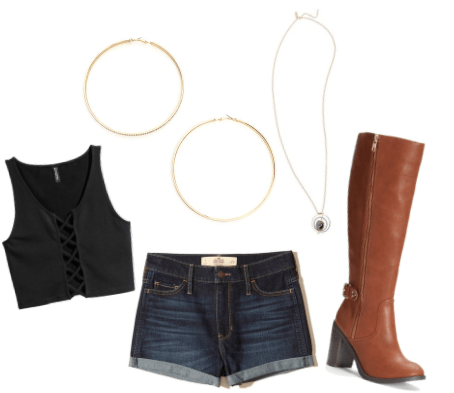 Outfit inspired by Sophia from Girlboss: Oversized gold hoop earrings, black lace up tank top, pendant necklace, cognac knee high boots, denim shorts