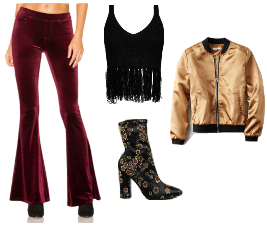 Outfit inspired by Sophia from tv show Girlboss: velvet red flared pants, faux-suede floral embroidered booties, shiny gold bomber jacket, knit fringed top